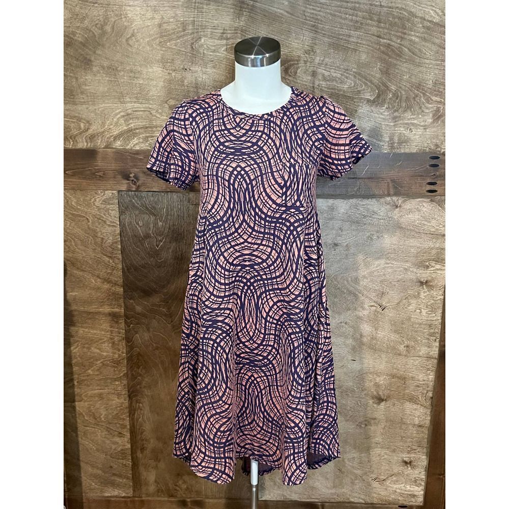 Lularoe Womens Dress Short Sleeve Pink Navy Geometric A‎ Line Casual